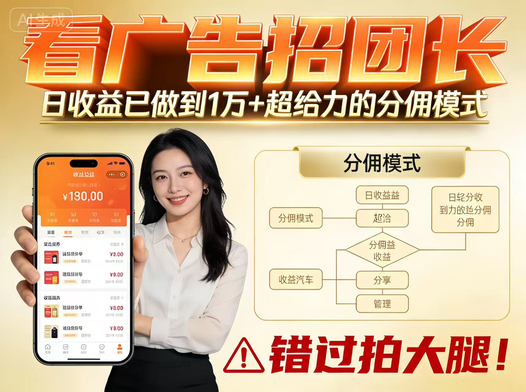 看广告招团长,团队收益已做到日入1万,分佣模式超给力,错过拍大腿-九才资源网