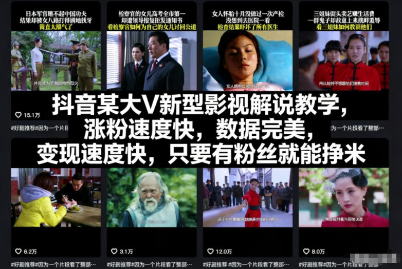 抖音某大V新型影视解说教学,涨粉速度快,数据完美,变现速度快,只要有粉丝就能挣米-九才资源网