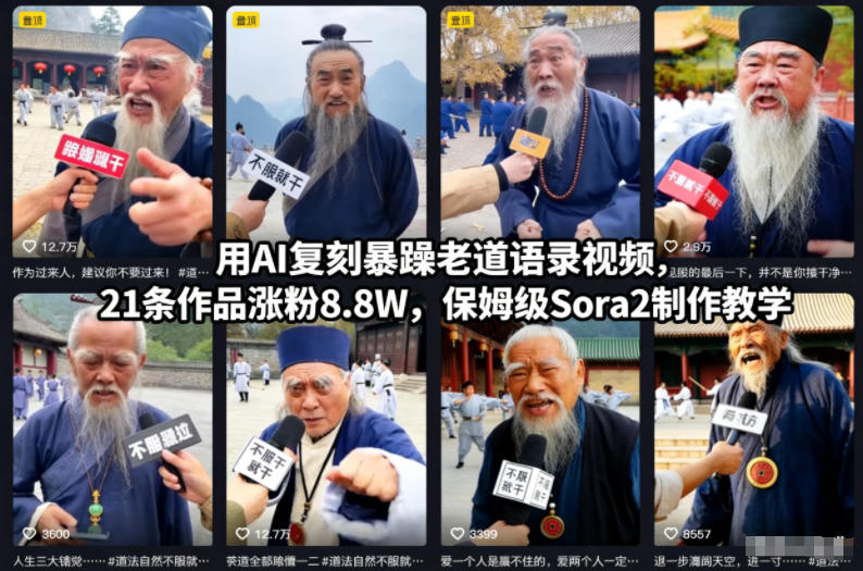 用AI复刻暴躁老道语录视频,21条作品涨粉8.8W,保姆级Sora2制作教学-九才资源网