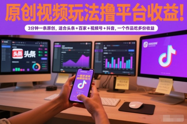 原创视频玩法撸平台收益,3分钟一条原创,适合头条+百家+视频号+抖音,一个作品吃多份收益-九才资源网