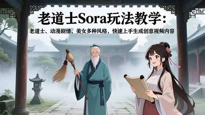 (16862期)老道士Sora玩法教学:老道士、动漫剧情、美女多种风格,快速上手生成创意视频内容-九才资源网