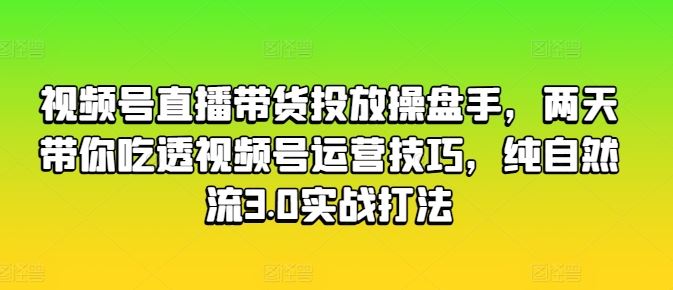 视频号直播带货投放操盘手，两天带你吃透视频号运营技巧，纯自然流3.0实战打法-九才资源网