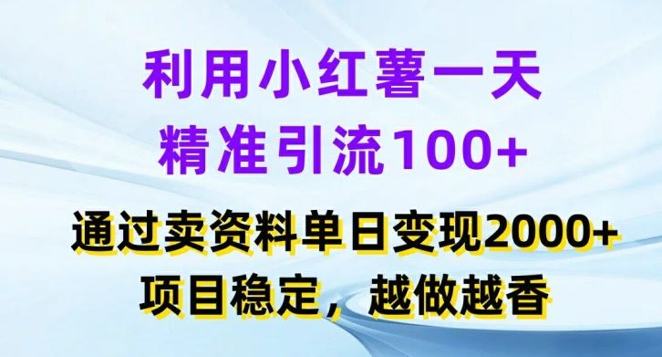 利用小红书一天精准引流100+，通过卖项目单日变现2k+，项目稳定，越做越香【揭秘】-九才资源网
