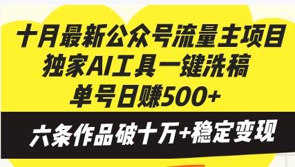 （13156期）十月最新公众号流量主项目，独家AI工具一键洗稿单号日赚500+，六条作品…-九才资源网