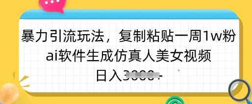 暴力引流玩法，复制粘贴一周1w粉，ai软件生成仿真人美女视频，日入多张-九才资源网