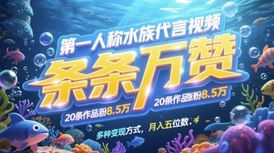 第一人称水族代言视频，条条万赞，20条作品涨粉7.8W，多种变现方式月入五位数-九才资源网