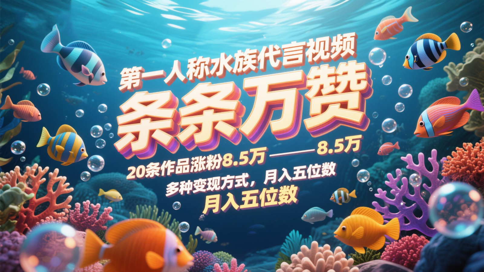 第一人称水族代言视频，条条万赞，20条作品涨粉8.5万，多种变现方式月，入五位数-九才资源网