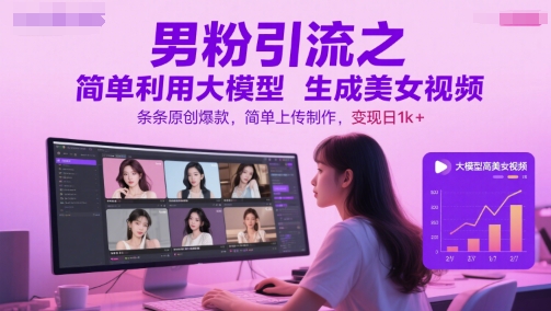男粉引流之简单利用大模型生成美女视频，条条原创爆款，简单上传制作，变现日1k+-九才资源网