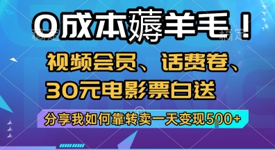 0成本薅羊毛!视频会员、话费卷、30元电影票白送，分享我如何靠转卖一天变现5张+【揭秘】-九才资源网