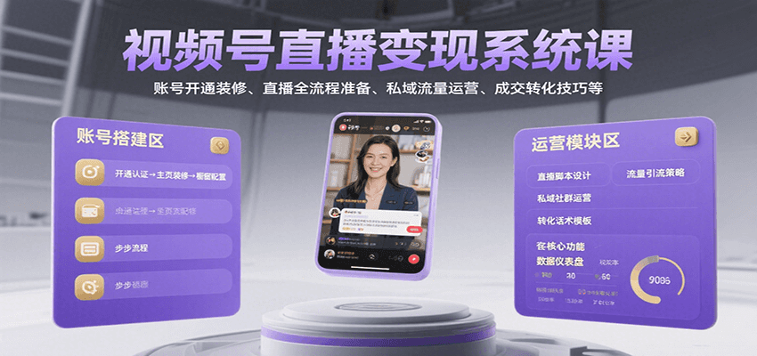 视频号直播变现系统课，账号开通装修、直播全流程准备、私域流量运营、成交转化技巧等-九才资源网
