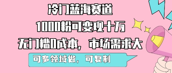 冷门蓝海赛道，1000粉可变现十W，无门槛0成本，市场需求大，可多领域做，可复制性强-九才资源网