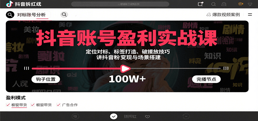 抖音账号盈利实战课，定位对标、标签打造、破播放技巧，讲涨粉变现与场景搭建-九才资源网