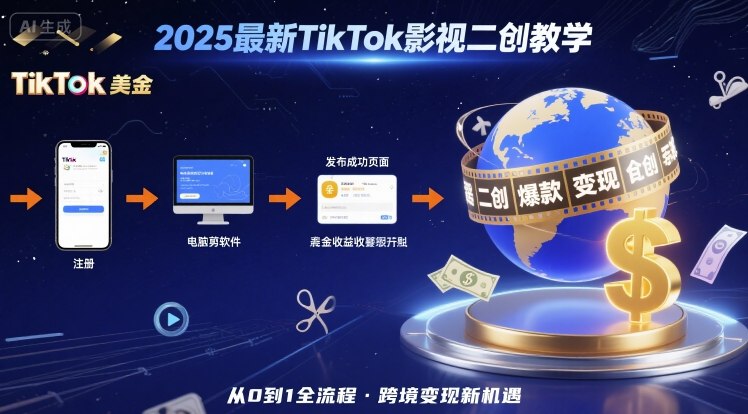 2025年最新TikTok影视二创教学，从注册到发布撸美金全流程，跨境变现新机遇-九才资源网