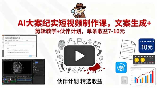 （15992期）AI大案纪实短视频制作课，文案生成+剪辑教学+伙伴计划，单条收益7-10元-九才资源网