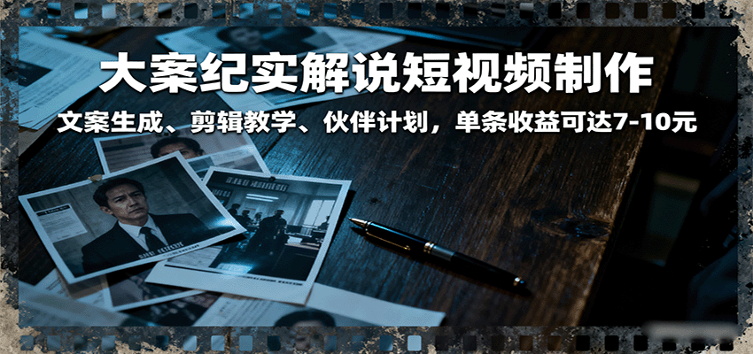 大案纪实解说短视频制作，文案生成、剪辑教学、伙伴计划，单条收益可达7-10元-九才资源网