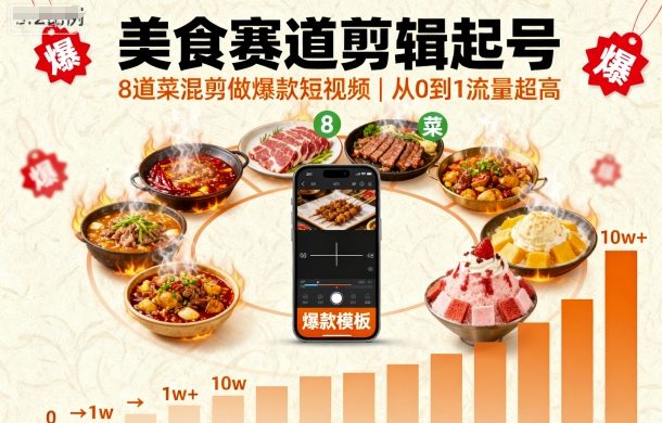 美食赛道剪辑起号，8道菜混剪做爆款短视频，从0到1，流量超高-九才资源网