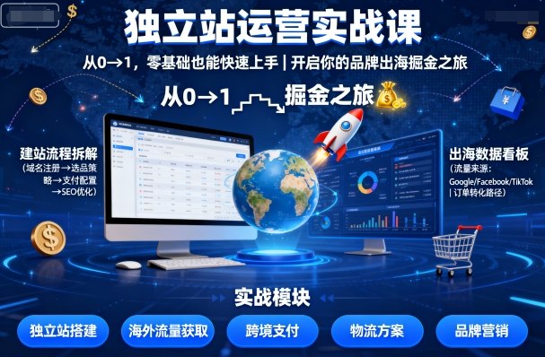 独立站运营实战课，​从0到1，零基础也能快速上手，开启你的品牌出海掘金之旅-九才资源网