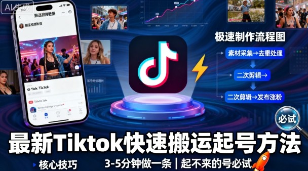 最新Tiktok快速搬运快速起号方法，3-5分钟做一条，起不来的号可以试试-九才资源网