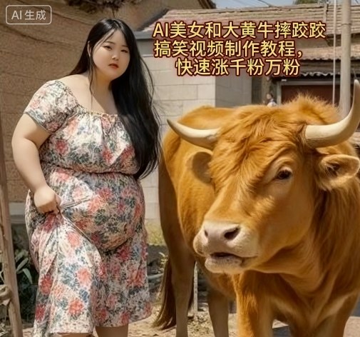 AI美女和大黄牛摔跤搞笑荒诞视频制作教程，快速涨千粉万粉-九才资源网