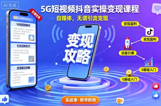 5G短视频抖音实操变现课程，自媒体，无谓引流变现-九才资源网