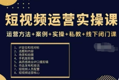 短视频运营实操课，运营方法+案例+实操+私教+线下闭门课-九才资源网
