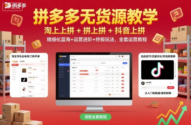拼多多无货源教学，淘上拼+拼上拼+抖上拼，精细化蓝海+运营进阶+终极玩法，全套运营教程-九才资源网