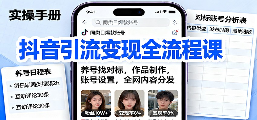 抖音引流变现全流程课：养号找对标，作品制作，账号设置，全网内容分发-九才资源网