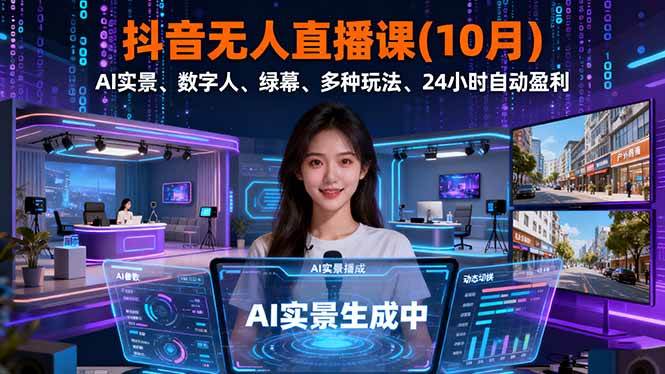（16355期）抖音无人直播课(10月)，AI实景、数字人、绿幕、多种玩法、24小时自动盈利-九才资源网