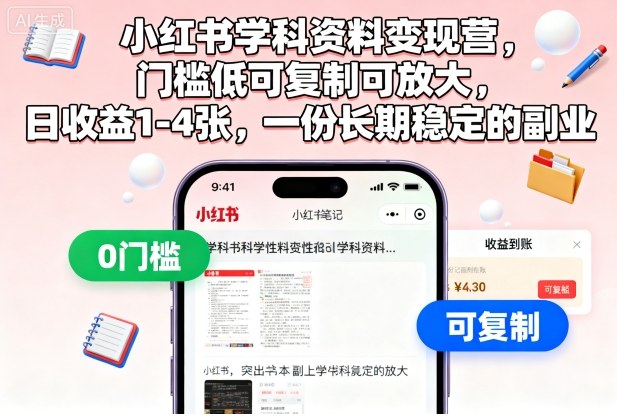 小红书学科资料变现营，门槛低可复制可放大，日收益1-4张，一份长期稳定的副业-九才资源网