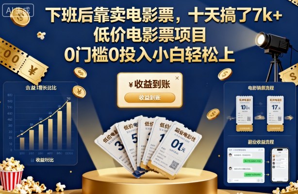 下班后靠卖电影票，十天搞了7k+，低价电影票项目，0门槛0投入小白轻松上手【揭秘】-九才资源网