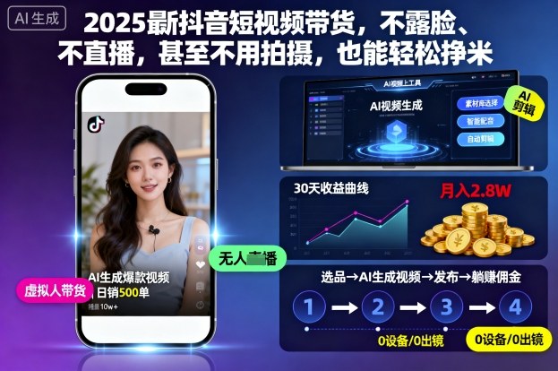 2025最新抖音短视频带货，不露脸、不直播，甚至不用拍摄，也能轻松挣米-九才资源网