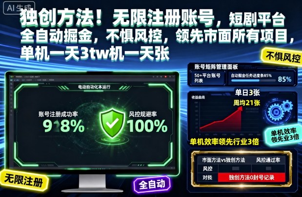 独创方法！无限注册账号，短剧平台全自动掘金，不惧风控，领先市面所有项目，单机一天3张【揭秘】-九才资源网
