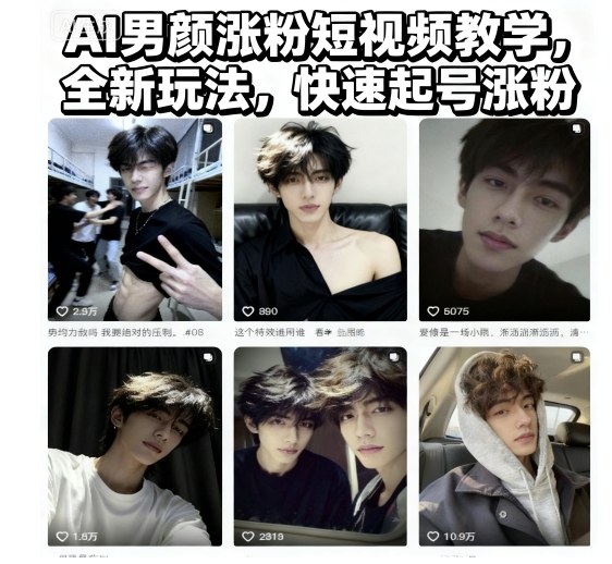 AI男颜涨粉短视频教学，全新玩法，快速起号涨粉-九才资源网