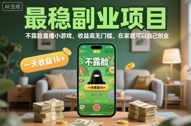 最稳副业项目，不露脸直播小游戏，收益高无门槛，一天收益1k+，在家就可以自己创业【揭秘】-九才资源网