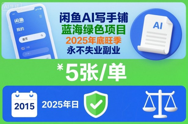 闲鱼AI写手铺，蓝海绿色项目，一单5张，2025年底旺季，永不失业副业-九才资源网