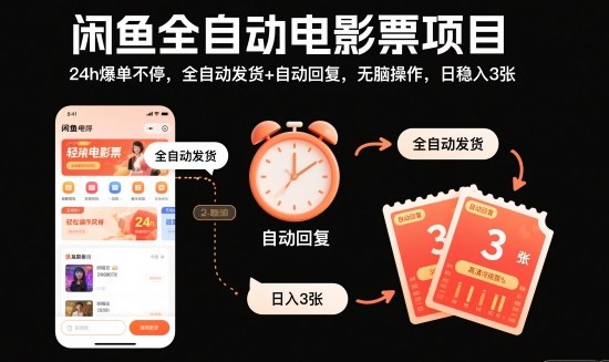 闲鱼全自动电影票项目，24h爆单不停，全自动发货+自动回复，无脑操作，日稳入3张【揭秘】-九才资源网