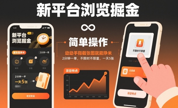 新平台浏览掘金，动动手指截张图就能挣米，2分钟一单，不限时不限量，一天5张【揭秘】-九才资源网