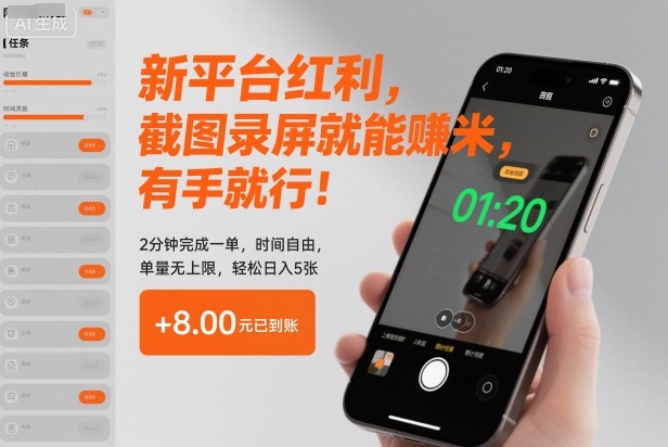新平台红利，截图录屏就能賺米，有手就行！2分钟完成一单，时间自由，单量无上限，轻松日入5张【揭秘】-九才资源网