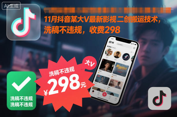 11月抖音某大V最新影视二创搬运技术，洗稿不违规，收费298-九才资源网