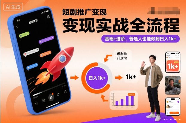 短剧推广变现实战全流程，基础+进阶，普通人也能做到日入1k+-九才资源网