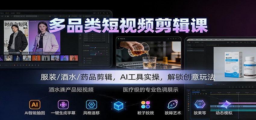 多品类短视频剪辑课：服装/酒水/药品剪辑，AI工具实操，解锁创意玩法-九才资源网