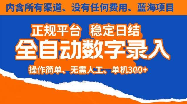 全自动数字录入，单机日入3张+，内含所有渠道全程免费零成本，操作简单可矩阵开干【揭秘】-九才资源网