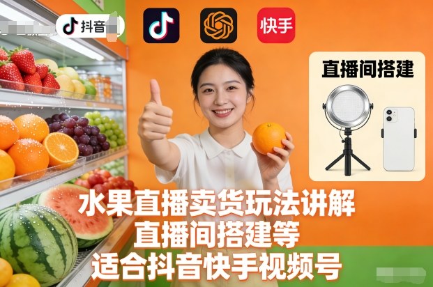 水果直播卖货玩法讲解、直播间搭建等，适合抖音快手视频号-九才资源网
