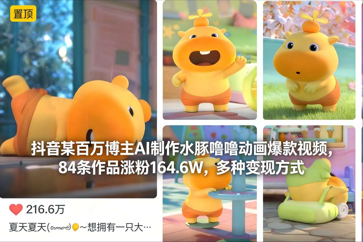 抖音某百万博主AI制作水豚噜噜动画爆款视频，84条作品涨粉164.6W，多种变现方式-九才资源网