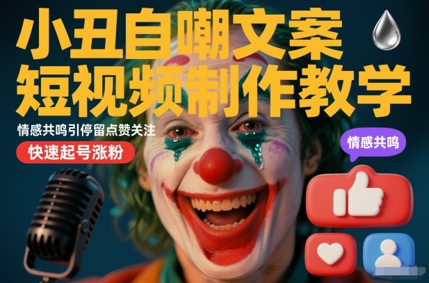 小丑自嘲文案短视频制作教学，情感共鸣引停留点赞关注，快速起号涨粉-九才资源网