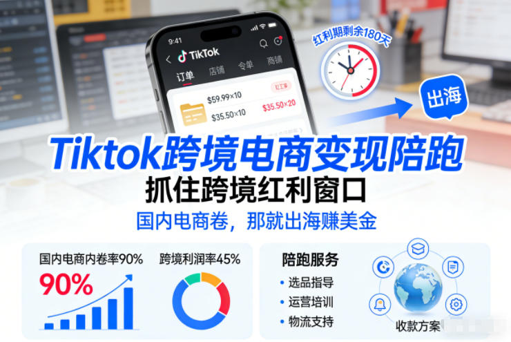 Tiktok跨境电商变现陪跑，抓住跨境红利窗口，国内电商卷，那就出海賺美金-九才资源网