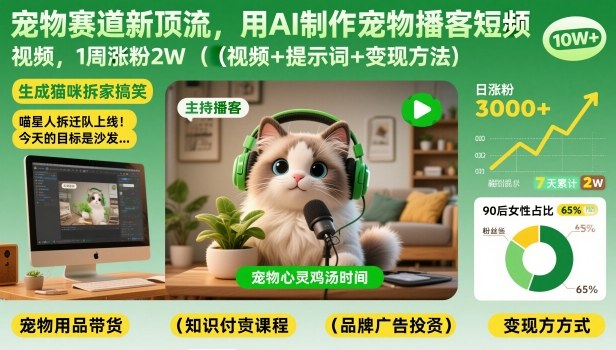 宠物赛道新顶流，用AI制作宠物播客短视频，1周涨粉2W（视频+提示词+变现方法）-九才资源网