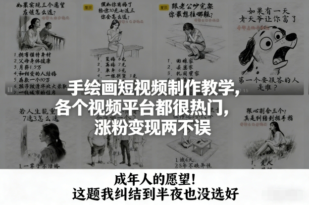手绘画短视频制作教学，各个视频平台都很热门，涨粉变现两不误-九才资源网