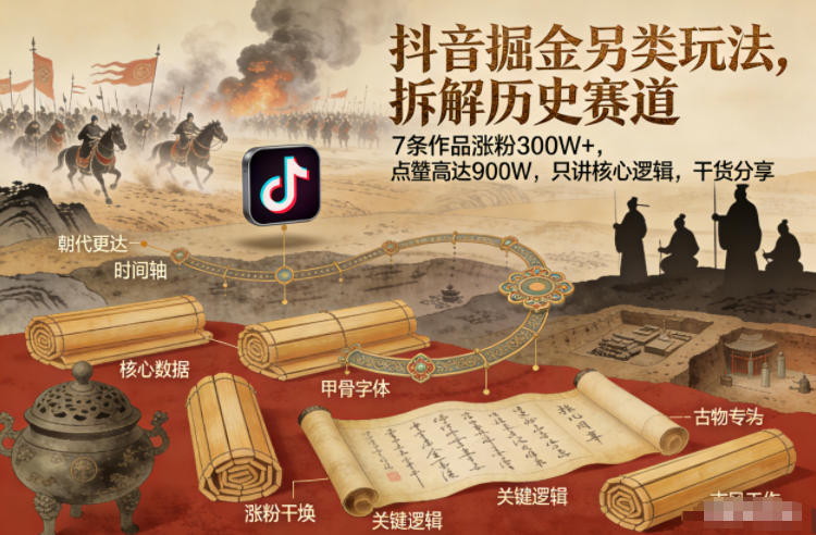 抖音掘金另类玩法，拆解历史赛道，7条作品涨粉300W+，点赞量高达900W，只讲核心逻辑，干货分享-九才资源网