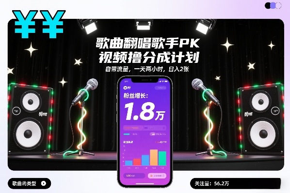 歌曲翻唱歌手PK视频撸分成计划，自带流量，一天两小时，日入2张-九才资源网